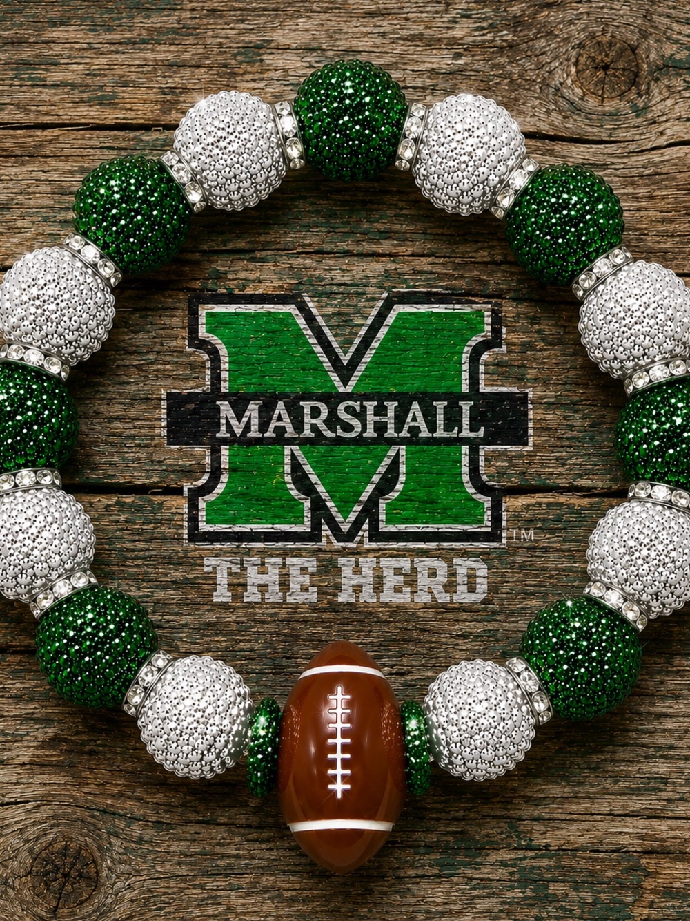 Marshall Green and White Rhinestone  Football Bracelet